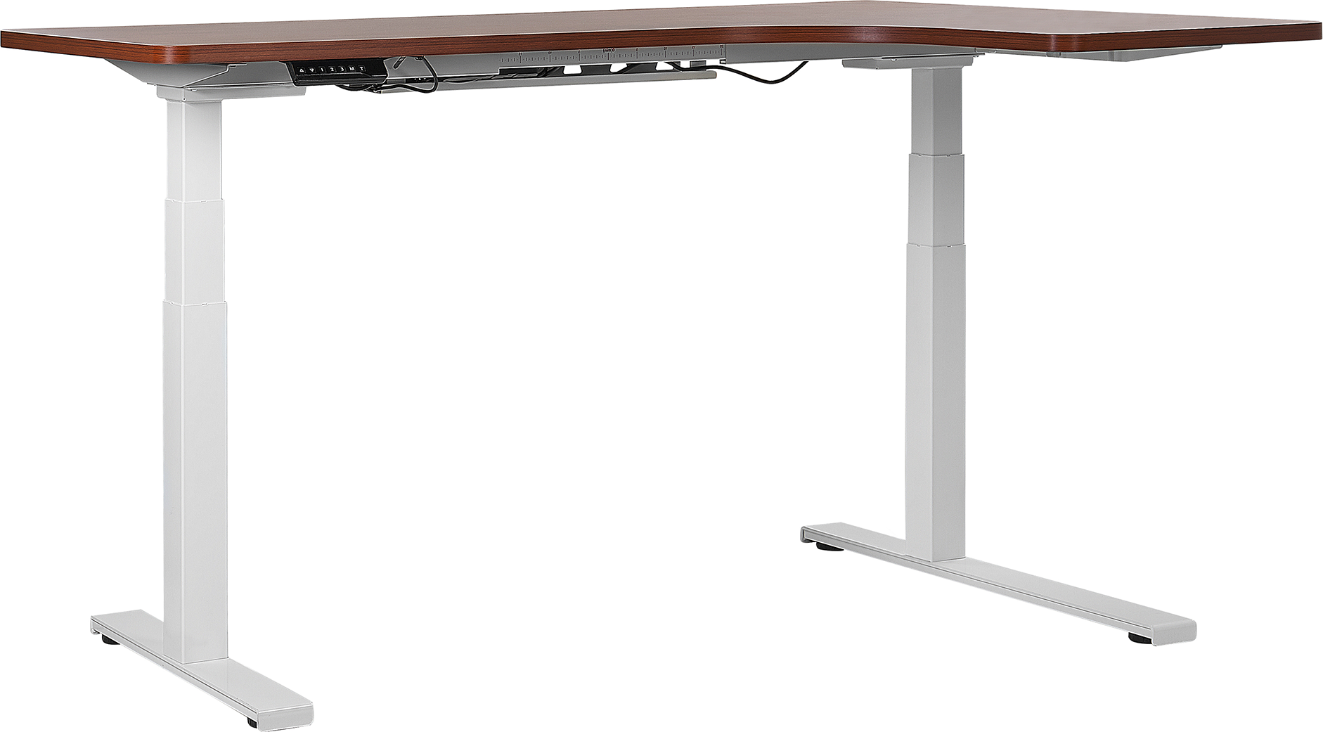 Beliani Right Corner Desk Dark Wood Tabletop 160 x 110 cm Electric Height Adjustable White Steel Frame Sit and Stand Modern Design