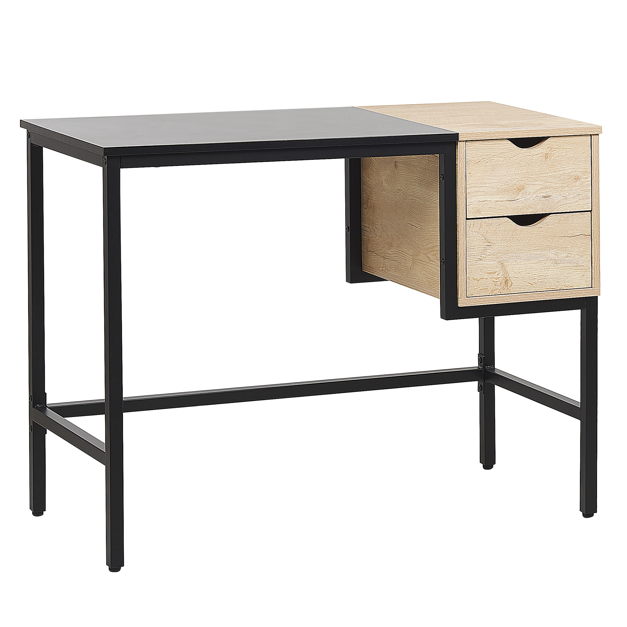 Beliani Home Office Desk Black with Light Wood Metal Frame 100 x 48 cm Storage Compartment 2 Drawers PVC Top