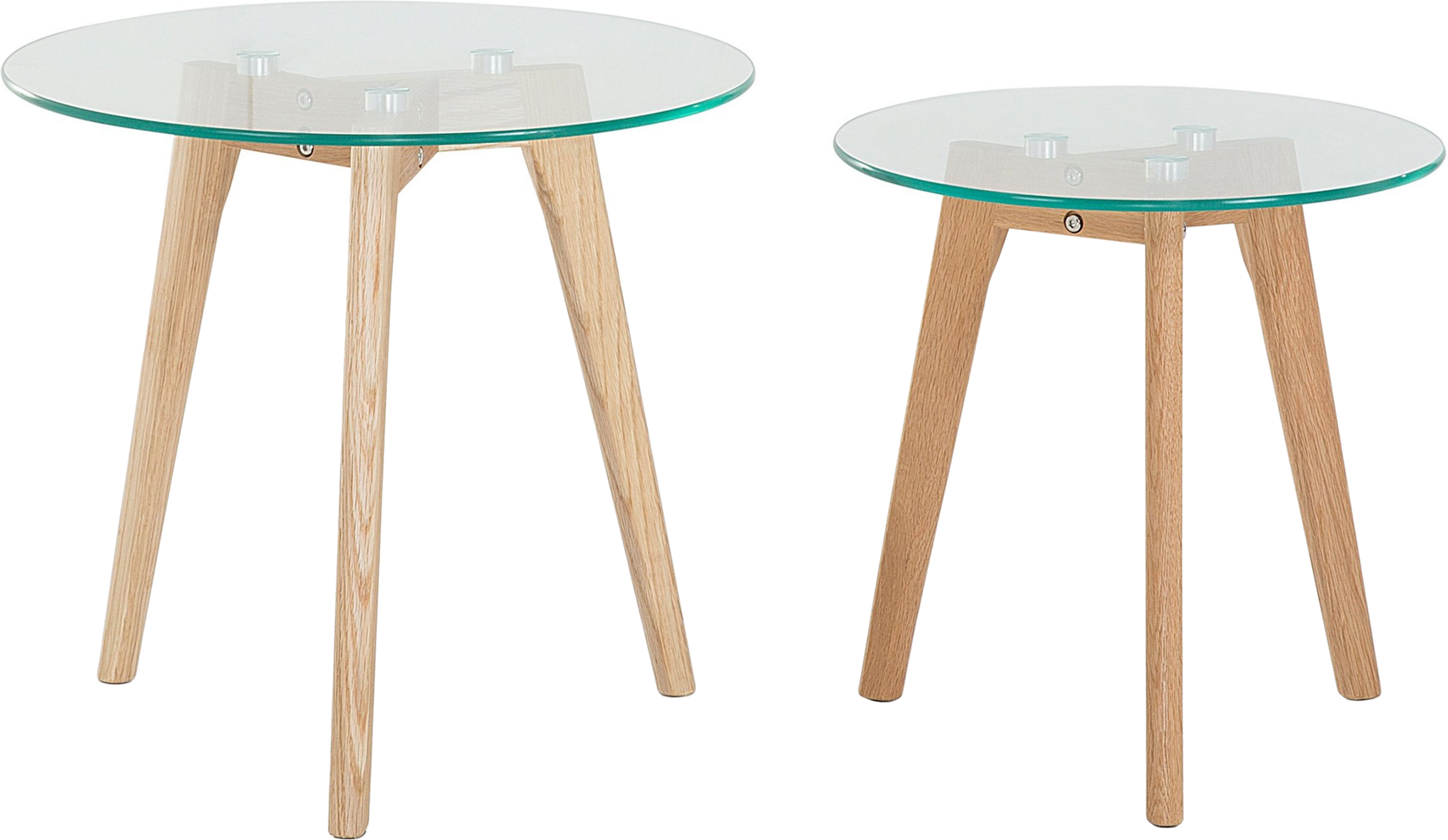 Beliani Nest of 2 Tables Transparent Round Glass Top 3 Light Wood Legs Scandinavian Minimalist