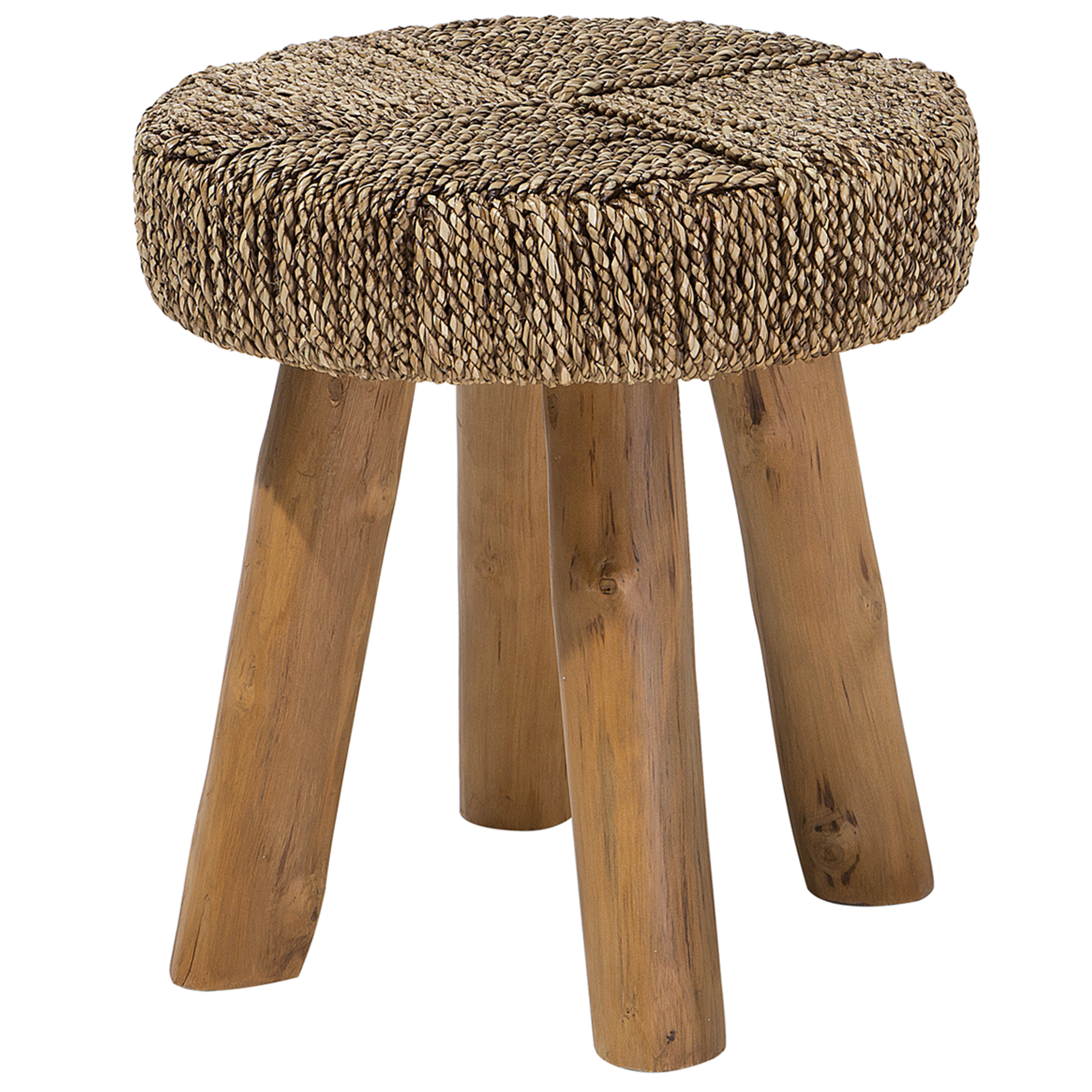 Beliani Side Table Light Wood Teak with Seagrass Footstool Rustic Raw Style
