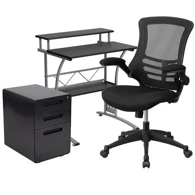 Flash Furniture Work From Home Desk, Office Chair & Filing Cabinet 3-piece Set, Black