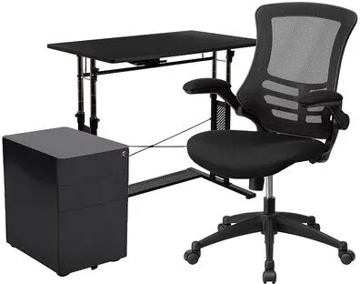 Flash Furniture Work From Home Adjustable Desk, Office Chair & Filing Cabinet 3-piece Set, Black