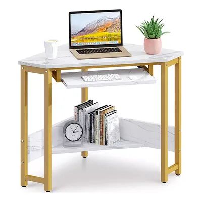 ODK Modern Triangle Corner Computer Desk with Smooth Keyboard Tray, Gold Marble, Beige Over