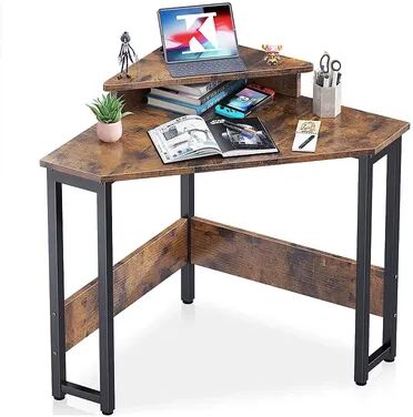 ODK Modern Triangle Corner Computer Writing Desk w/ Monitor Stand, Rustic Brown, Red/Coppr