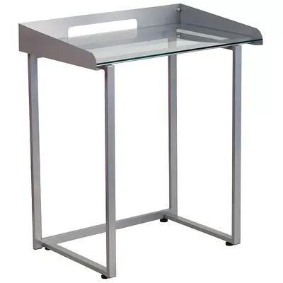 Flash Furniture Contemporary Clear Tempered Glass Desk with Raised Cable Management Border, Grey