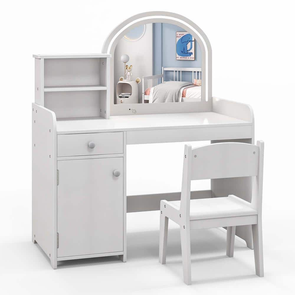 Costway 2-Piece Wood Top Kid Vanity Table Chair Set 2-Color LED Lights Large Drawer Shelf Cabinet White