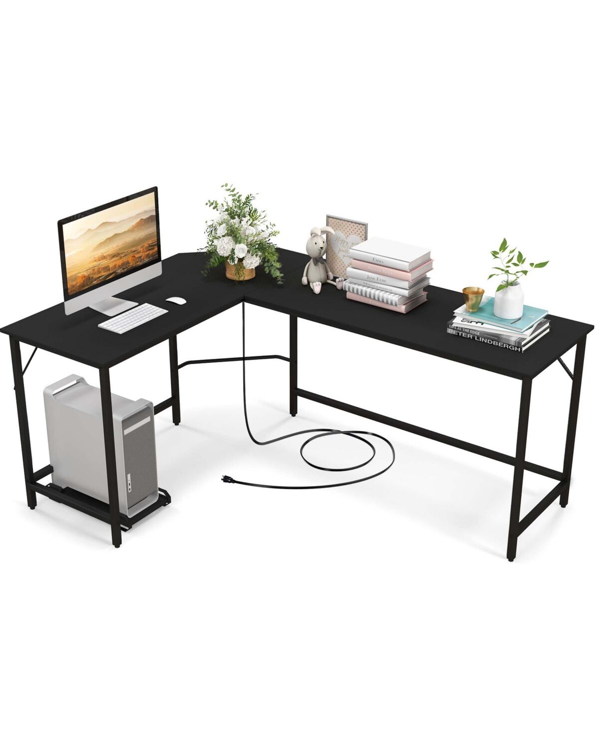 Costway L-shaped Gaming Desk Computer Desk with Cpu Stand Power Outlets - Black