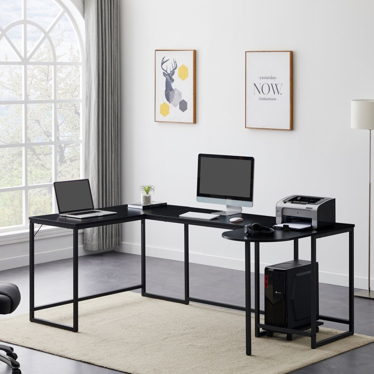 Simplie Fun U-shaped Computer Desk, Industrial Corner Writing Desk with Cpu Stand, Gaming Table Workstation Desk for Home Office (Black) - Black