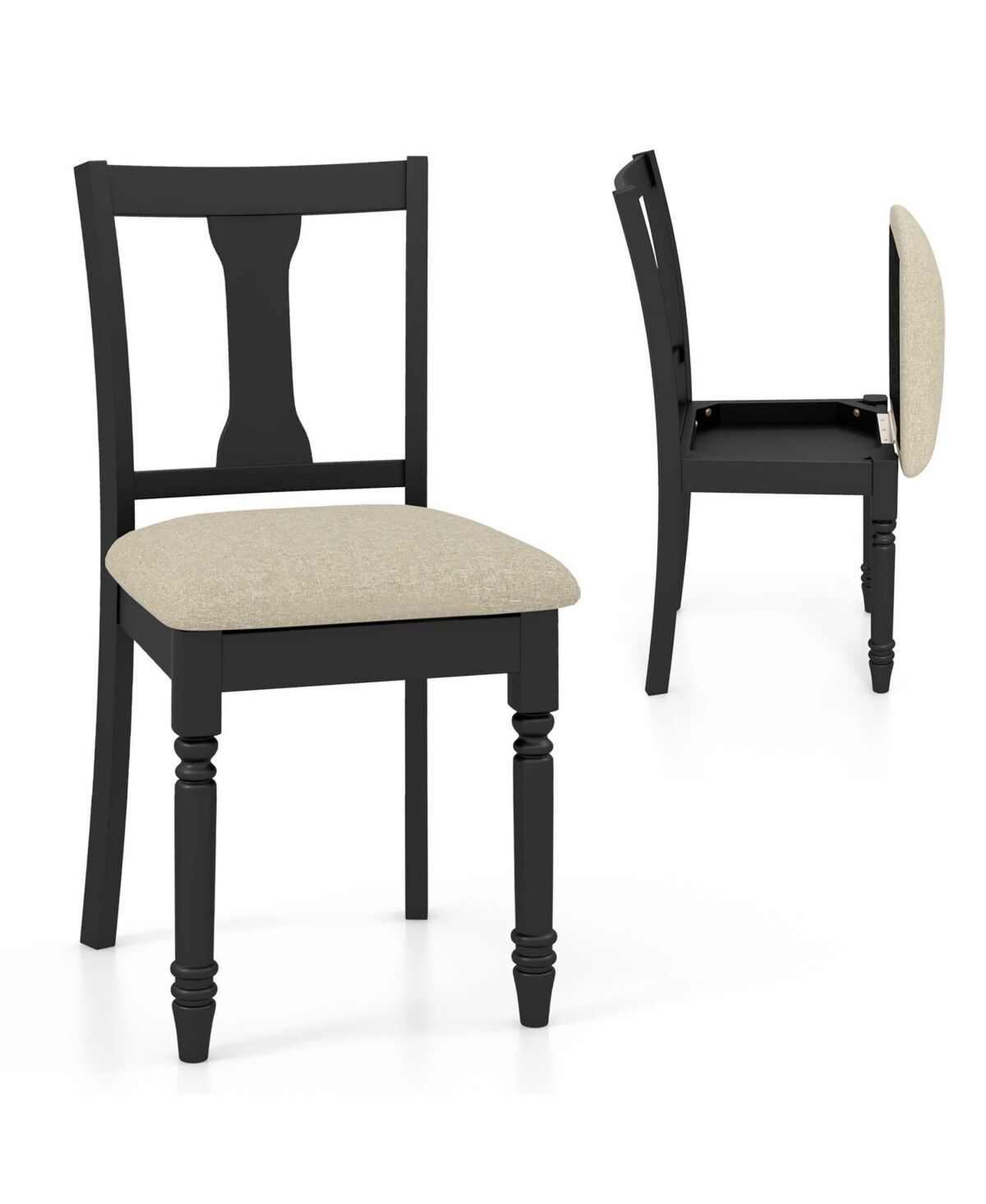 Costway 2 Pcs Wood Chair Antique Upholstered Chair with Storage Space - Black