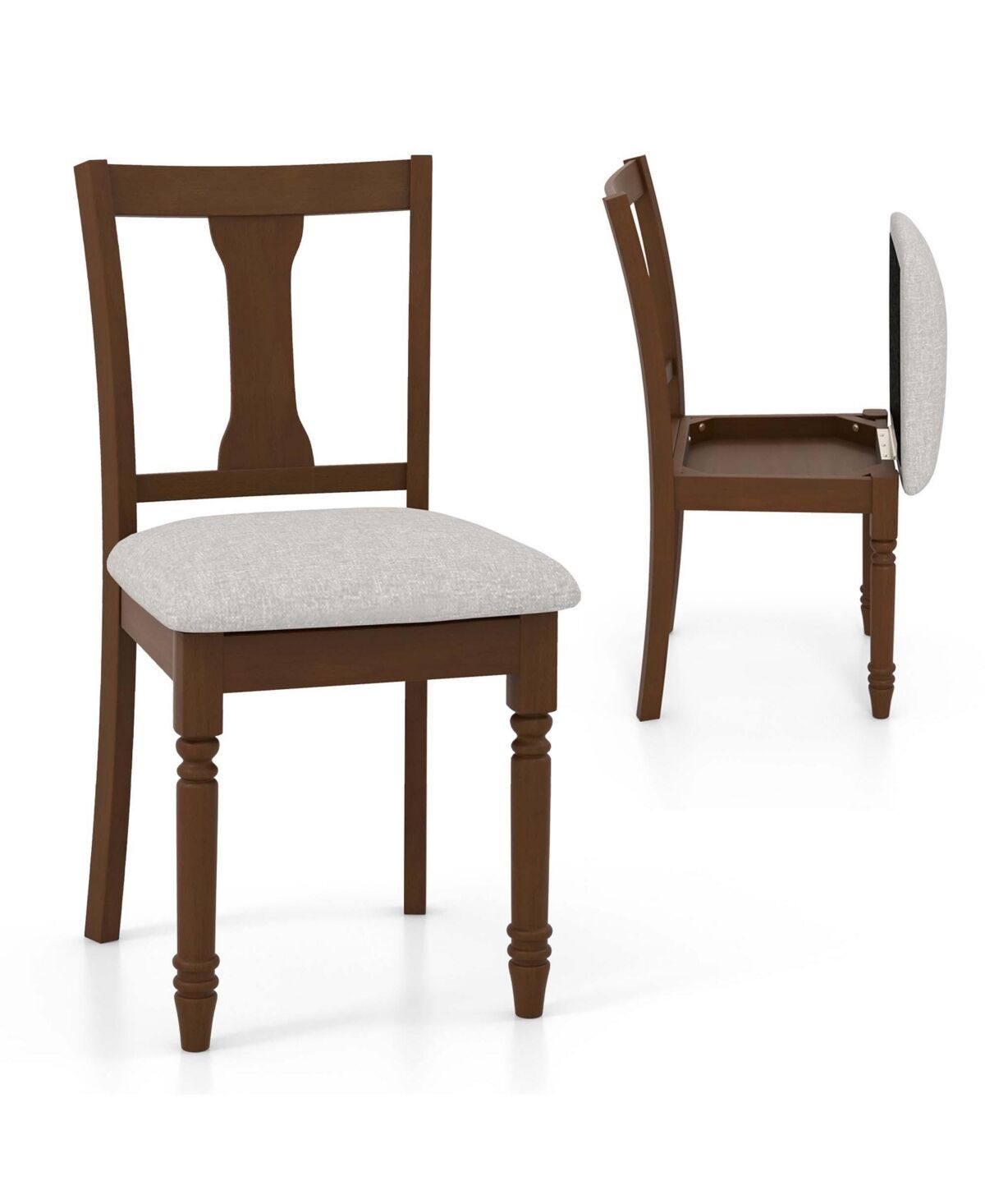 Costway 2 Pcs Wood Chair Antique Upholstered Chair with Storage Space - Brown