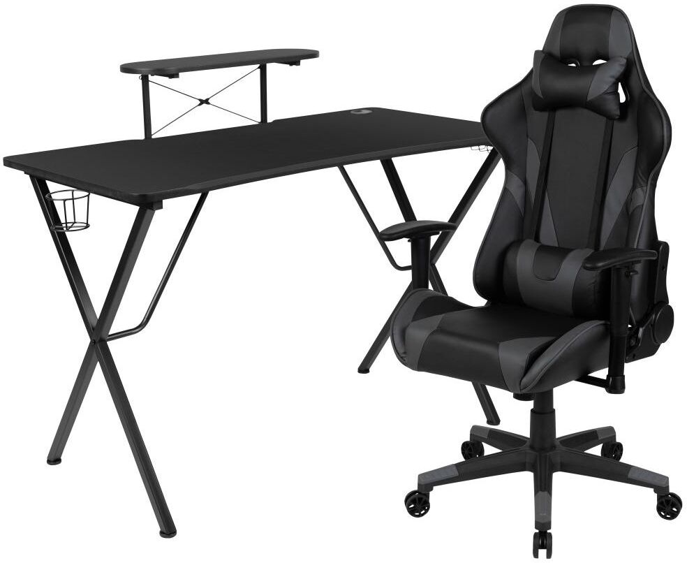 Emma+oliver Gaming Desk & Chair Set - Cup Holder, Headphone Hook, And Monitor Stand - Gray