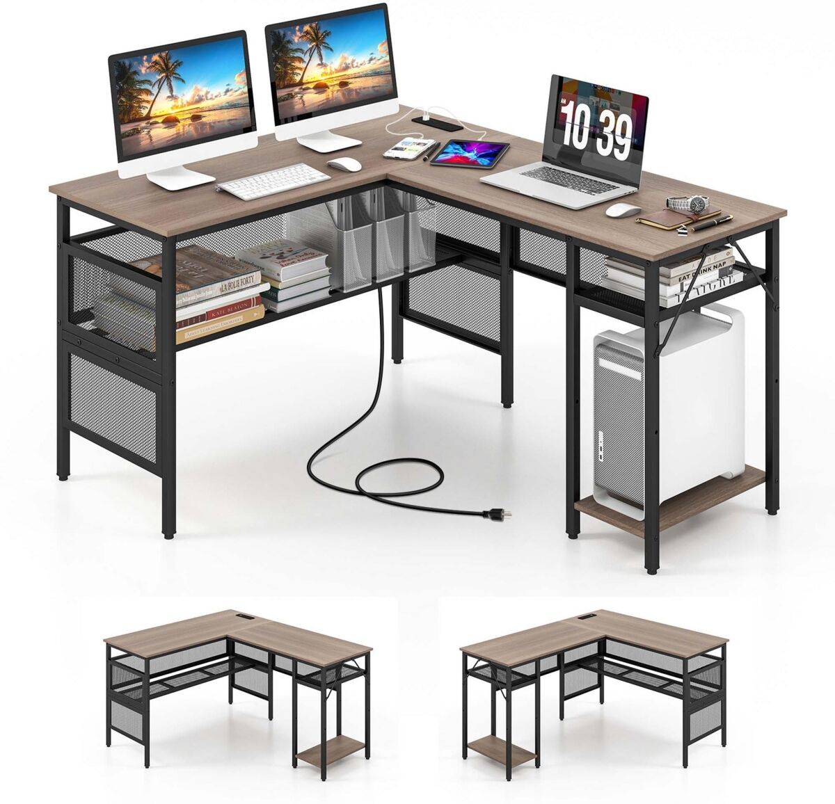 Costway Reversible L-Shaped Computer Desk with Charging Station Adjustable Shelf Cpu Stand - Grey