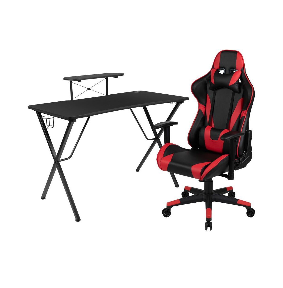 Emma+oliver Gaming Desk & Chair Set - Cup Holder, Headphone Hook, And Monitor Stand - Red