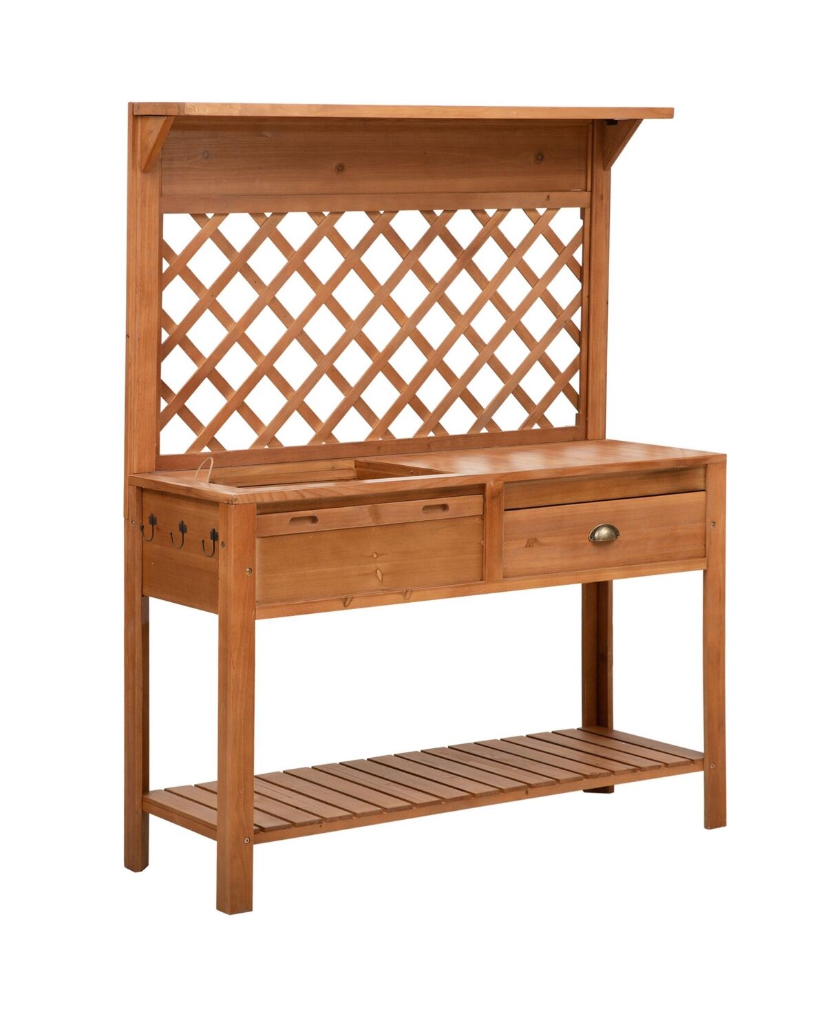 Outsunny Garden Potting Bench Table Wooden Workstation w/ Metal Screen, Drawer - Natural