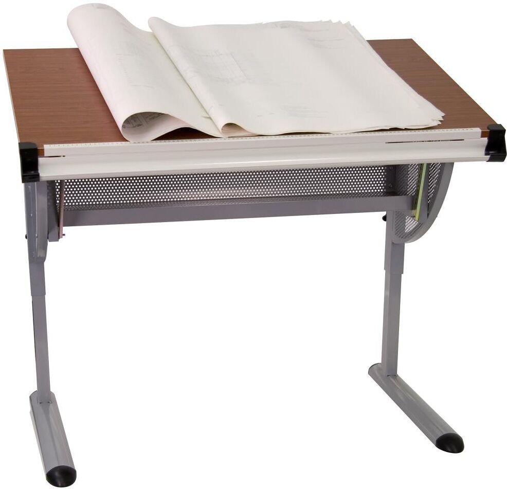 Emma+oliver Adjustable Drawing And Drafting Table With Pewter Frame - Cherry