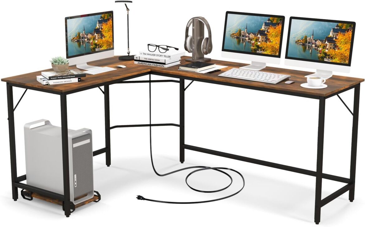 Slickblue L-Shaped Computer Desk with Cpu Stand Power Outlets and Usb Ports - Rustic brown