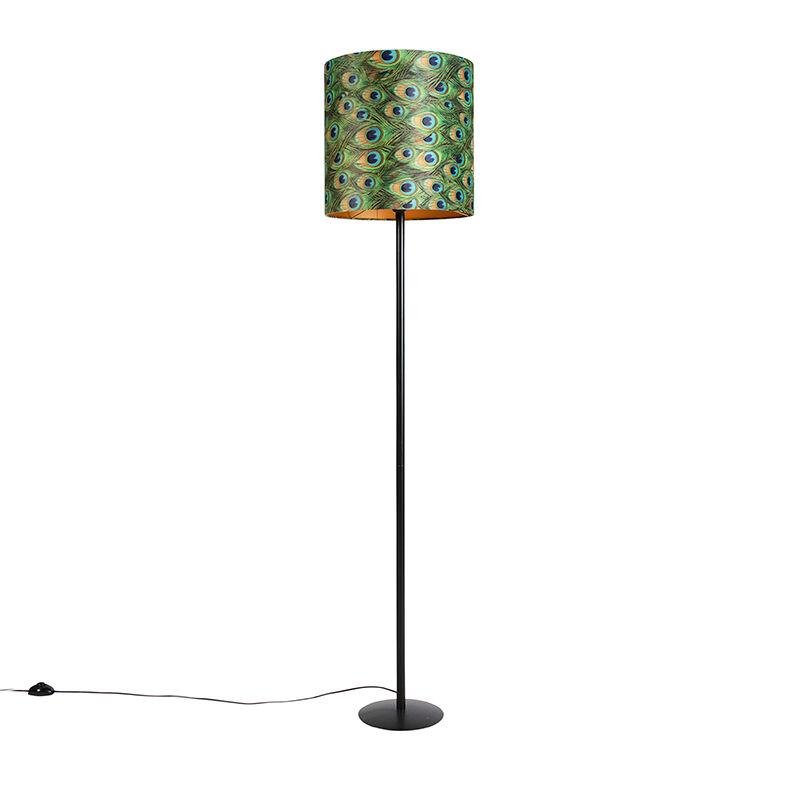 QAZQA Lampadaire noir avec abat-jour velours paon or 40 cm - Simplo