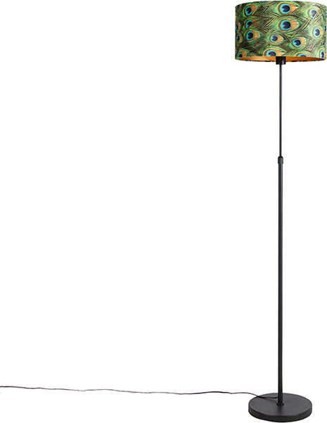 QAZQA Lampadaire noir avec abat-jour en velours paon et or 35 cm - Parte