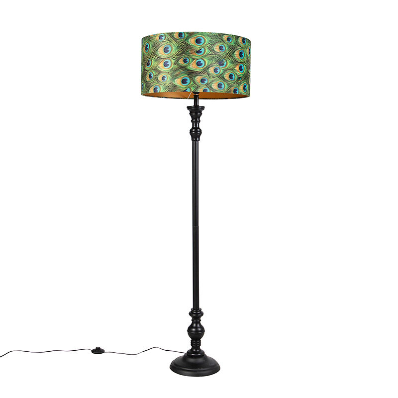 QAZQA Lampadaire noir avec abat-jour en velours paon doré 50 cm - Classico