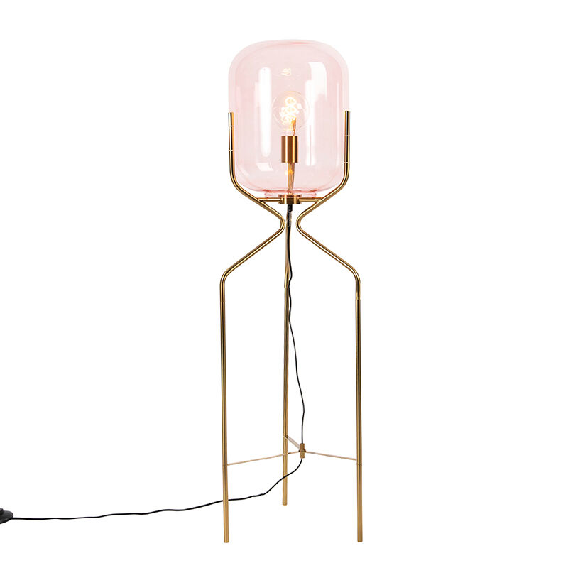 QAZQA Art Deco Stehlampe Messing mit rosa Glas - Bliss