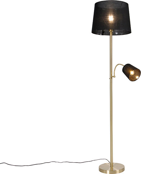 QAZQA Klassische Stehlampe Gold Stoffschirm Schwarz mit Leselampe - Retro