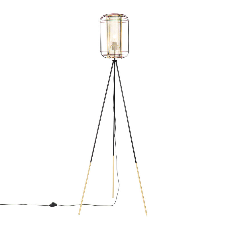 QAZQA Design vloerlamp tripod zwart met goud - Gaze