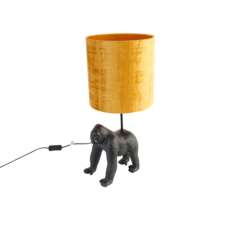 QAZQA Vintage Tischlampe schwarz Stoffschirm gold - Gorilla