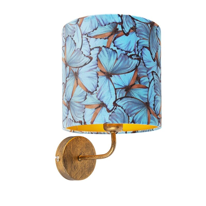 QAZQA Vintage Wandlampe Gold mit Schmetterling Veloursschirm - Matt