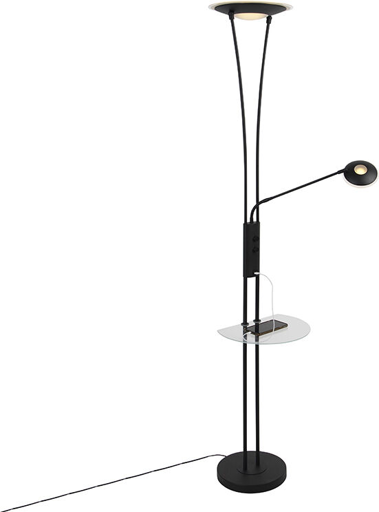 QAZQA Stehlampe schwarz mit Lesearm inkl. LED und USB-Anschluss - Sevilla