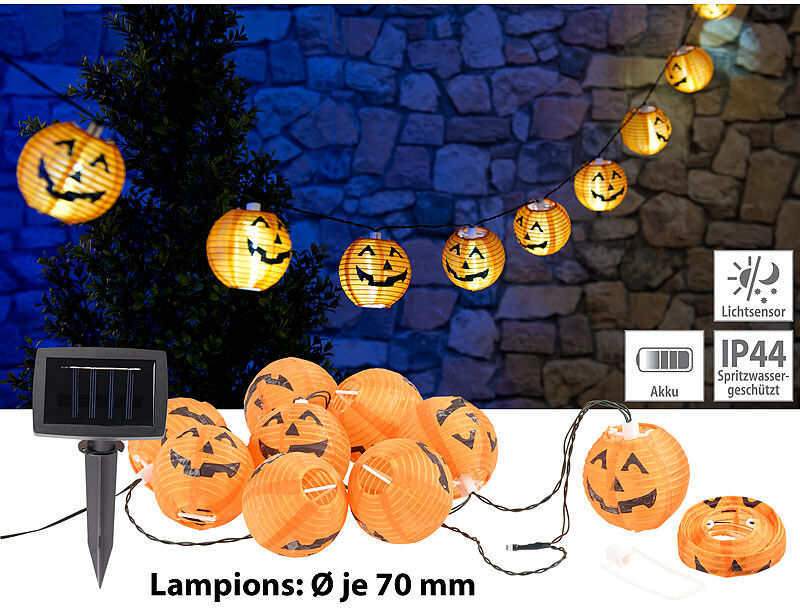 Lunartec Solar-Lichterkette mit 10 LED-Lampions im Halloween-Kürbis-Look, IP44