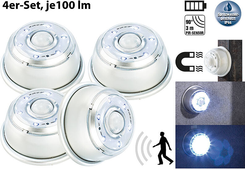 Lunartec LED-Nachtlicht mit Bewegungsmelder & Magnethalterung 4er-Set