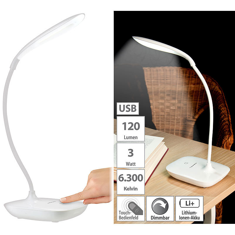 Pearl Schwanenhals-Schreibtischlampe mit 3-Watt-COB-LED & Akku, USB-Ladung