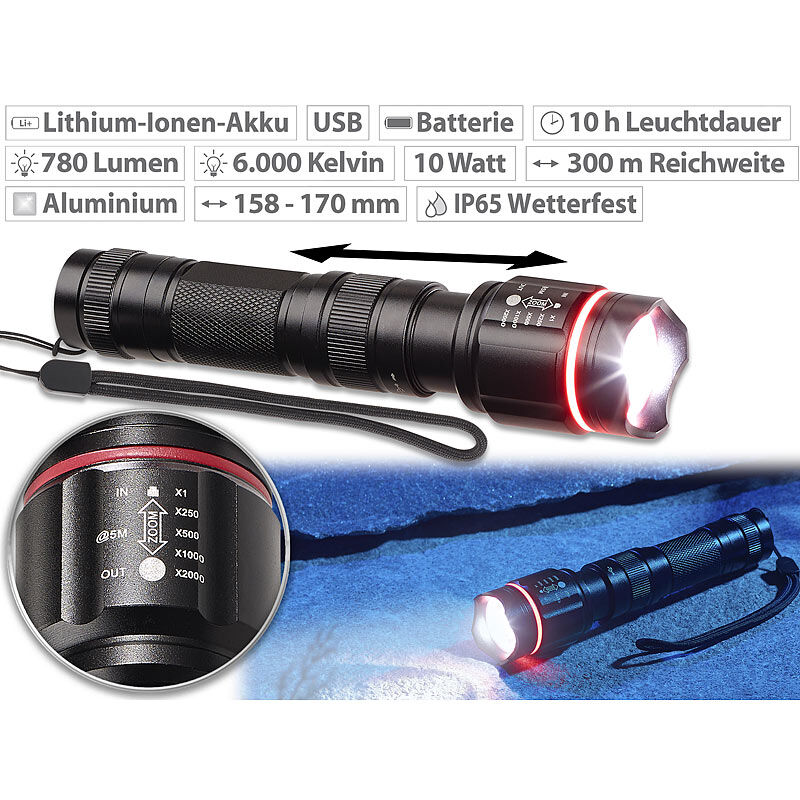 KryoLights Cree-LED-Akku-Taschenlampe mit Alu-Gehäuse, 10 Watt, 780 Lumen, IP65