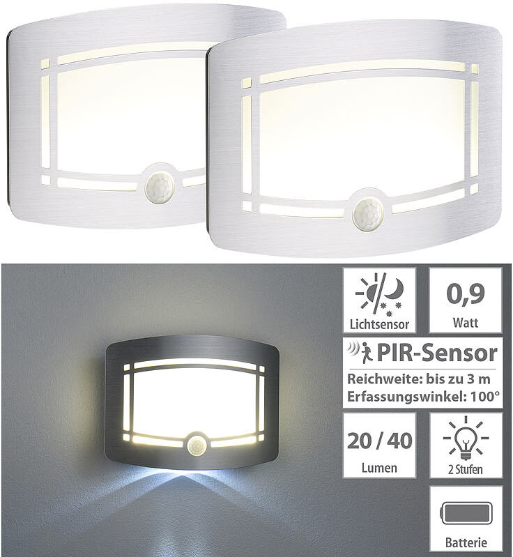 Lunartec 2er-Set 2-stufige Batterie-LED-Wandleuchten, Bewegungs-/Lichtsensor