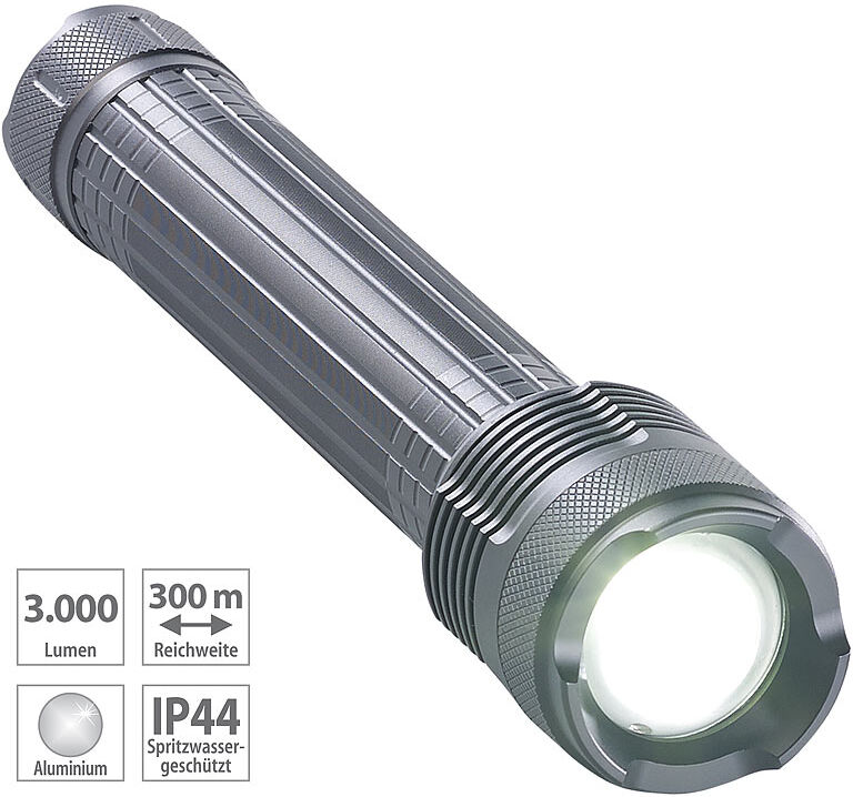 KryoLights Cree-LED-Taschenlampe mit Alu-Gehäuse und SOS-Funktion, 3.000 lm, IP44