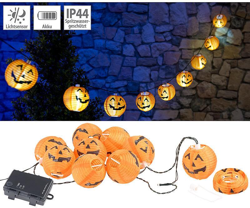 Pearl LED-Lichterkette mit 10 Lampions im Halloween-Kürbis-Look, Timer, IP44