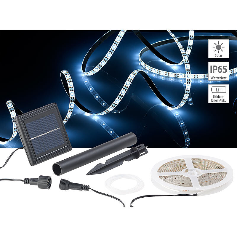 Lunartec Solar-LED-Streifen mit 180 tageslichtweißen LEDs, 3 m, wetterfest IP65