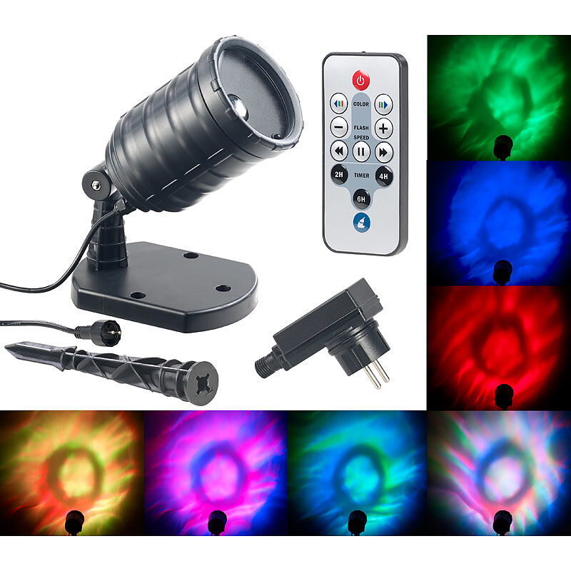 Lunartec LED-RGB-Projektor für Wellen-Licht-Effekte, Timer, Fernbedienung, IP65