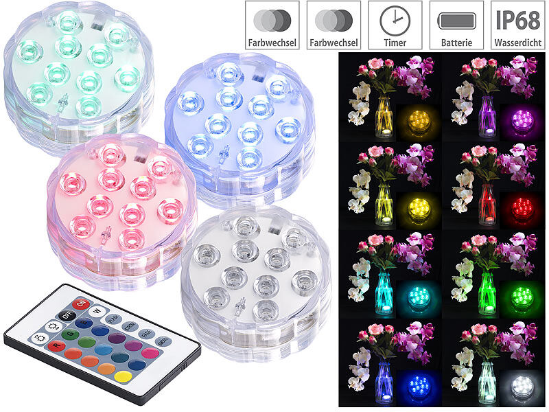 Lunartec 4er-Set RGB-LED-Unterwasserleuchten mit Fernbedienung, IP68