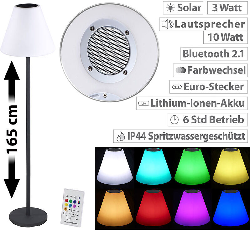 Lunartec Solar-LED-Stehleuchte, Lautsprecher, Bluetooth, 7 Farben, 50 lm, 2,4 W