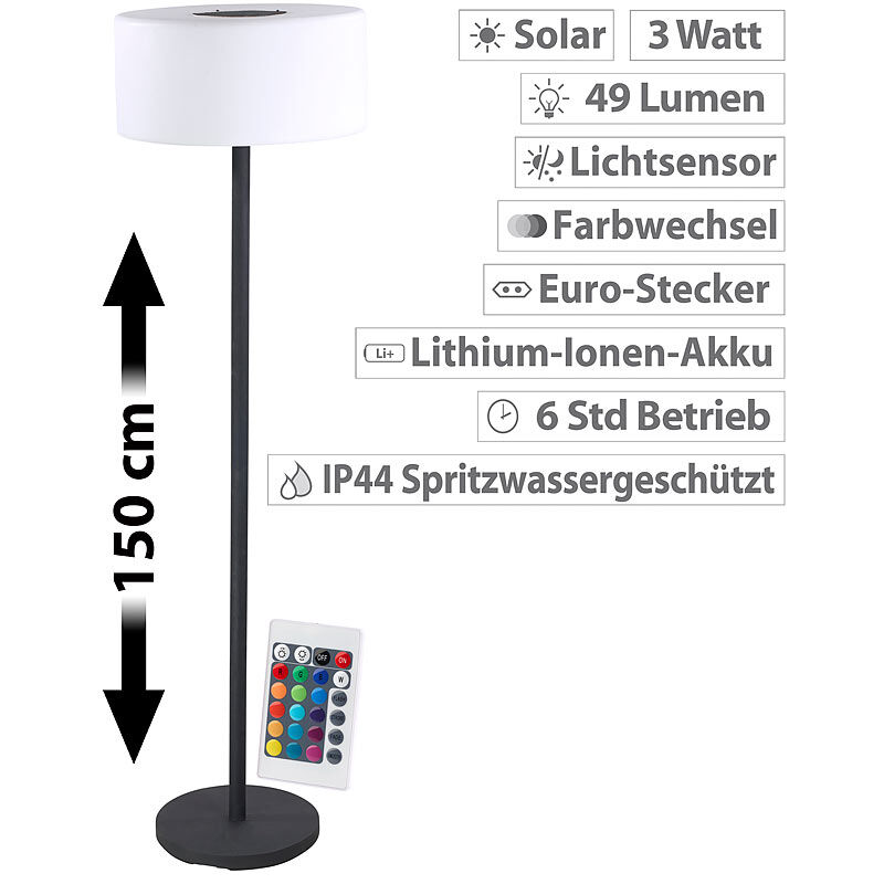 Lunartec Solar-LED-Stehleuchte, Lichtsensor, 16 Farben, 50 lm, 2,4 W, IP44