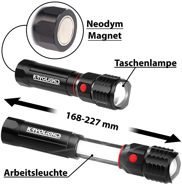 KryoLights 2in1-Taschenlampe & Arbeitsleuchte mit 2x 3-Watt-LED & Neodym-Magnet