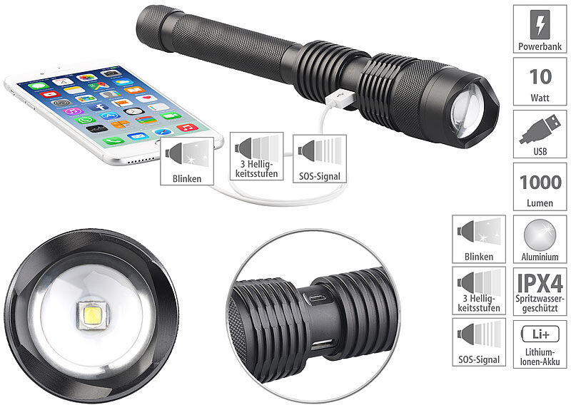 KryoLights 2in1-LED-Taschenlampe und Powerbank, 3.600 mAh, 1.000 Lumen, 10 Watt