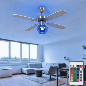 NINO Deckenventilator Deckenleuchte Ventilator Wohnzimmerlampe Lüfter Glas rauchfarben, 3 Stufen Zugschalter, Fernbedienung, rgb led 8,5W 806Lm warmweiß,