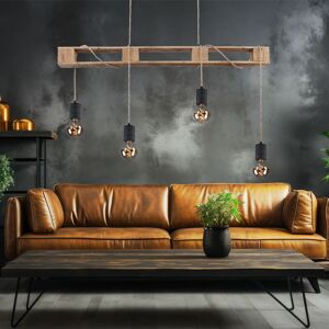 Globo Hängeleuchte aus Holz Metall Decken Pendelleuchte 4 flammig Hanfseil Hängelampe verstellbar, 4x E27, 121x10x120cm, Wohnzimmer Esszimmer