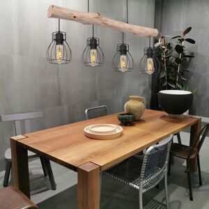 ETC-SHOP Holz Design Hängeleuchte mit Gitter Lampenschirmen Pendelleuchte mit Holzbalken 4 flammig, Metall schwarz Holz natur, 4x E27 max 40 Watt, LxBxH