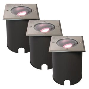 HOFTRONIC SMART 3er-Satz Cody Smart Bodeneinbaustrahler Edelstahl - GU10 5,5 Watt 345 Lumen - RGB + WW - Wifi + BLE - schwenkbar - Befahrbar - Quadratisch - IP67 wasserdicht