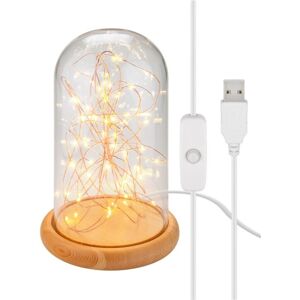 Goobay Glaskupa med mikro LED mikro-ljusslinga med träplatta, 115 cm USB-kabel, 5 m ljuskedja med 50 mikro-LED i varmvitt (2700 K) och strömbrytare (O