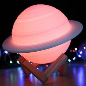 3D Saturn-lampe, 22CM 16 farver, 3D-udskrivning Månelampe Natlys med træstativ, USB genopladelig Saturn RGB Touch Soveværelse Liv