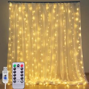 Led lys? 3 x 3m, 300 LED-lysløkke 8-tilstand, USB-lysløkkegardin med fjernbetjening, jul Warm White